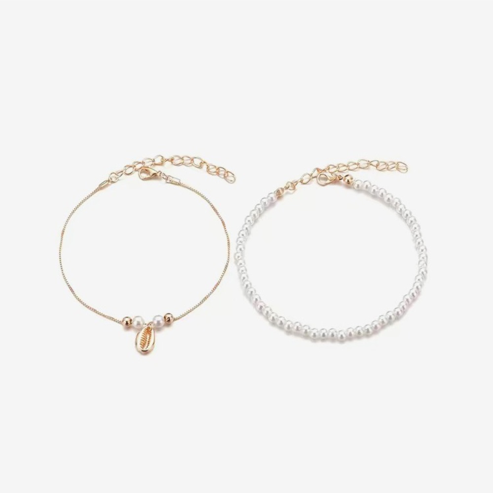 Dainty Faux Pearl Gold Toned Shell Anklet Set - Picture 3 of 5
